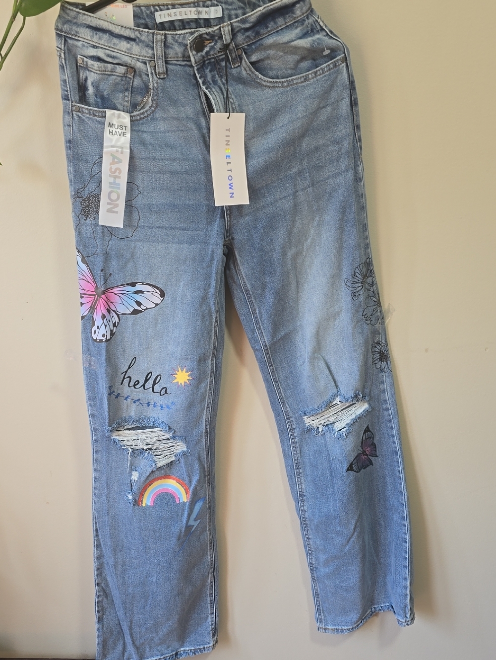 Tinseltown Light Blue Embroidered Butterfly & Rainbow Straight Leg Jeans